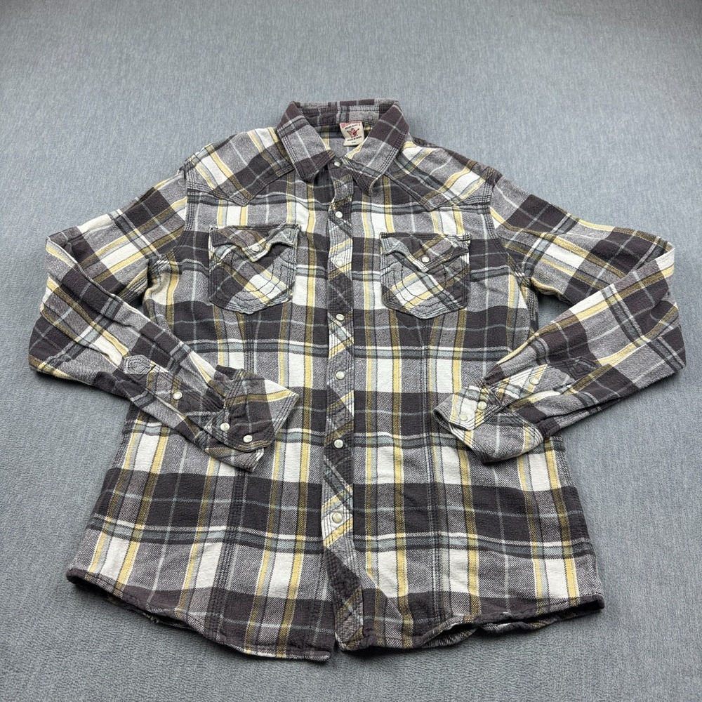 True Religion Shirt Men 2XL XXL Brown Plaid Snap Button Up Flannel Long Sleeve